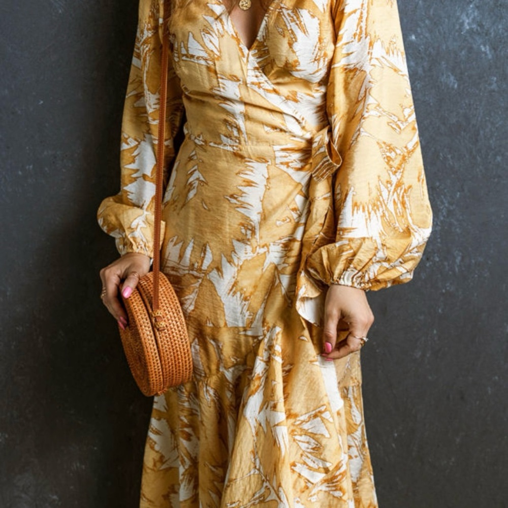 Yellow V Neck Wrap Lace up Bubble Sleeve Floral Dress